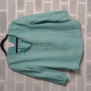 100% Linen Nicole Miller Women's Baby Blue 3/4 Sleeve Half Button Down Medium